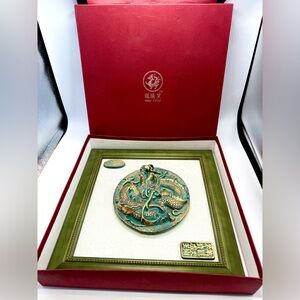 Unique Asian 3D Dragon Themed Framed Plaque Sculpture, Green & Gold Signed,VTG